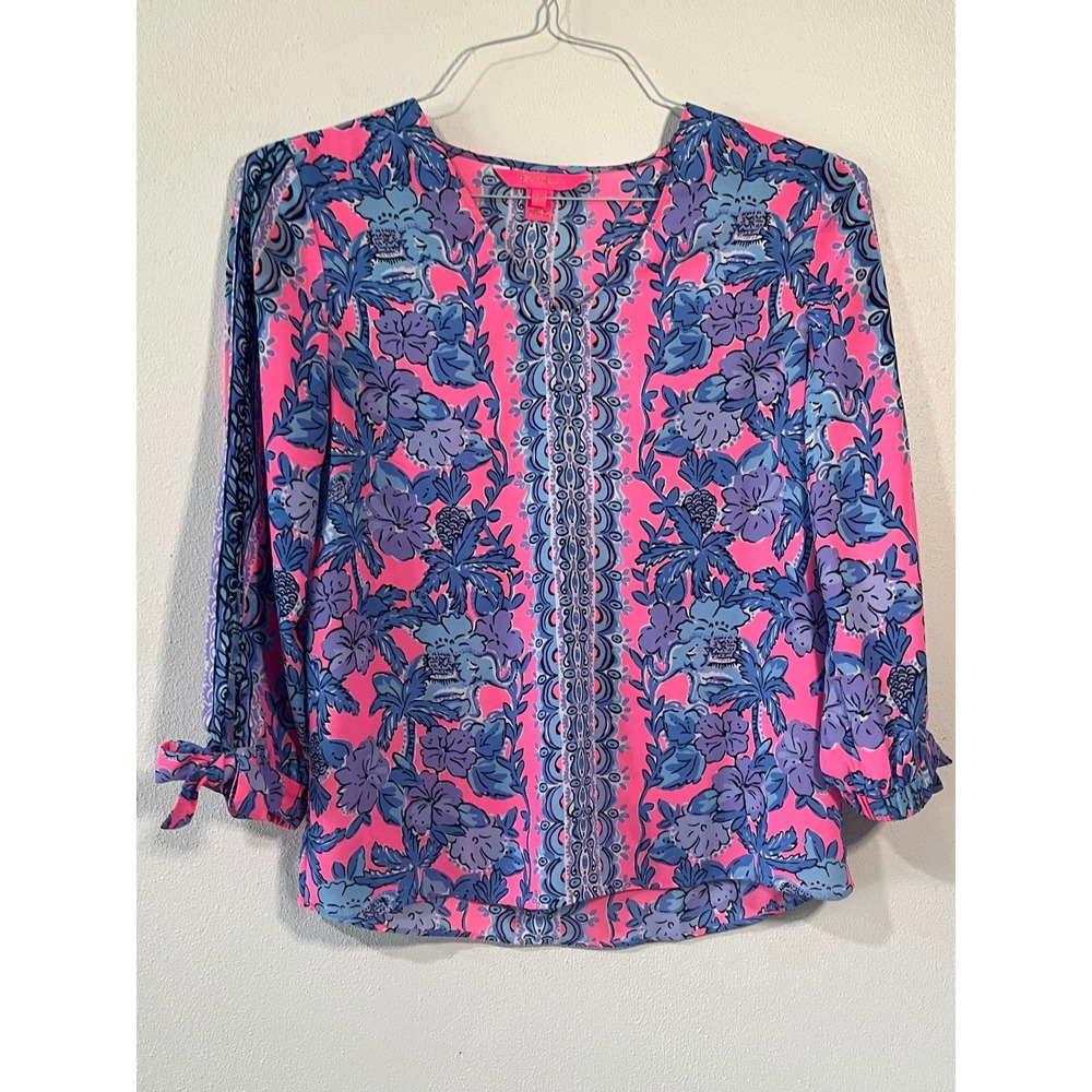Lilly Pulitzer Elsa Top Pink Blue Elephant Tropical Print Tie Cuff Blouse XXS